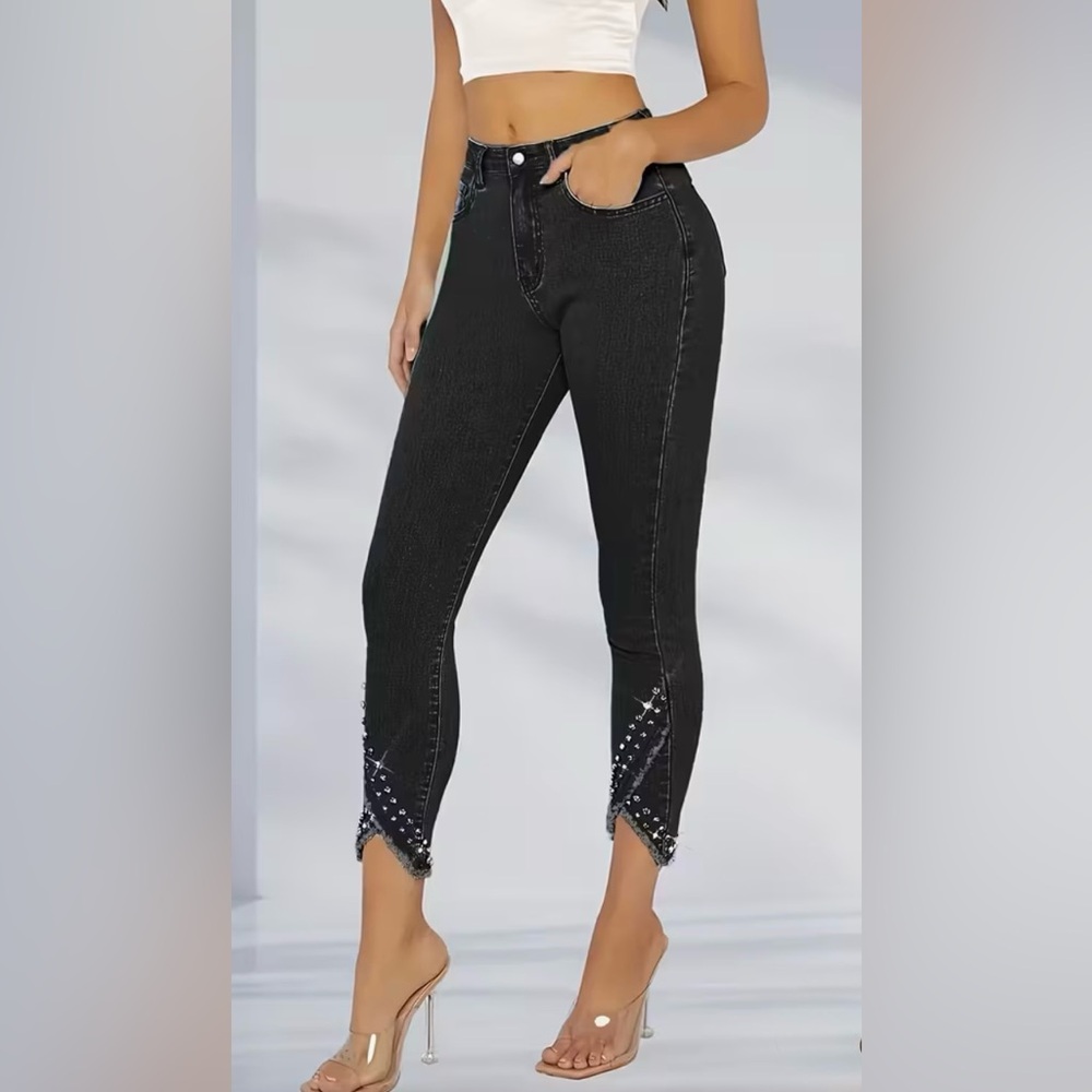 Black Skinny, Stretch Distressed Cropped Jeans | Rhinestone | S | NWT